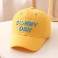 Close-up of sunny day blue embroidery and smile face on ginger cotton kids baseball cap - 52cm (2-5 Years) / Yellow