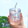 Rainbow iridescent glass coffee cup with bamboo texture, matching lid, and glass straw - 400ml / Iridescent Ribbed With Lid + Straw