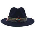 Detail of bohemian felt fedora hat featuring turquoise beads and ethnic woven band - Navy Blue (Ethnic Decorative Band)