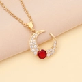 Gold moon necklace with colorful zircon pendant and red stone on minimalist chain - Red