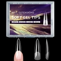 Close-up of clear XXL square soft gel nail tips set with 240 pieces in 12 sizes - Long Almond Style (OM-11)