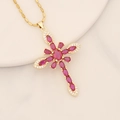18K gold plated necklace with a cross pendant featuring red gems and zircon stones - Rose Red