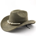 Vintage suede cowboy hat in khaki green with pearl embellishments and wide brim for unisex - M (56-58cm) / Army Green