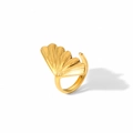 Polished 18k gold ginkgo leaf stainless steel open ring with fine vein textures - Ginkgo Leaf Shape Style (TR4080)