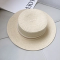 Flat top straw sun hat for children with beige texture and khaki striped ribbon - Khaki Stripe Mosquito - Beige / Adult 56-58cm