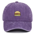 Close-up of burger embroidery detail on purple washed cotton vintage baseball cap - Adjustable / Purple