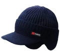 Navy blue winter knit hat with earflaps and fashion patch on a solid white background - Red Tag Double Layer (Non-fleece) / Navy Blue