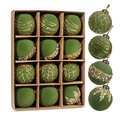 12-piece set of green flocked Christmas balls with gold glitter and white bead accents - 8cm / Set of 12 / Army Green