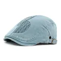 Retro light blue washed denim beret cap with jacquard texture and metal buckle - Adjustable / Light Blue