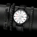 Men's quartz watch with white dial, black leather strap, and three matching bracelets set - Set 8 (No Box)