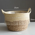 Handwoven 25x19cm two-tone straw plant basket with fringe detail and plastic liner - Large Tapered Tassel Beige 25CM