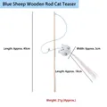 Blue sheep plush wand cat toy with wooden handle, silver bell and colorful tassels - Blue Sheep Wood Rod Teaser