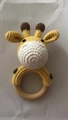 Handmade crochet giraffe baby rattle toy with yellow cotton yarn and natural wooden ring - Yellow and White Deer