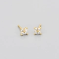 Close-up of gold stud earrings with four-petal floral design and clear cubic zirconia - Gold Color White Zirconia
