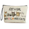 Beauty case beige in tela con gatti cartoon e testo Just a Girl Who Loves Cats - Stile Stampa Gatto (Stile 1) / 17*25cm (Lino) con Cinturino
