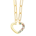 Gold plated paperclip chain necklace featuring an open heart pendant with colored zircons - Paperclip Chain-Half Color Zirconia Heart