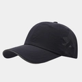 Detail view of laser-cut star perforations on breathable black nylon baseball cap - Adjustable / Navy Blue