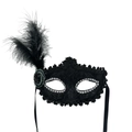 Elegant black lace masquerade mask with feathers and rhinestones on white background - Black