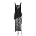 Detalle del vestido de encaje negro con malla transparente y dobladillo asimétrico - S / Negro