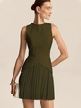 Detail of the pleated hem and texture of a dark olive green sleeveless dress - Army Green