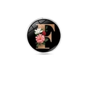 Floral alphabet badge featuring gold letter F with pink flowers on a black background - Letter F