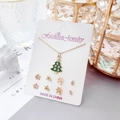 Parure de bijoux de Noël dorée avec collier sapin émaillé et boucles d'oreilles - Thème de Noël-Carte Blanche-Collier Sapin de Noël Vert Doré et 4 Paires de Boucles d'Oreilles (Étoile/Sapin/Feuille)