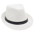 Close-up of a white woven straw sun hat featuring a black leather band and silver buckle - White
