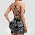Black and grey tie-dye yoga romper with cross back straps and push-up effect - S / Top And Bottom / Tie-dye Black Grey