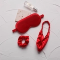 Luxe red satin sleep set including silk eye mask, scrunchie and knotted headband - Red