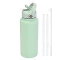 Mint green stainless steel 1L sports water bottle with straw and cleaning brush kit - 1L / Pale Green