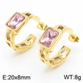 Gold-tone C-shaped stainless steel earrings featuring a rectangular pink zircon stone - Gold Pink