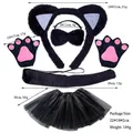 Cat costume set with black sequin ears headband, paws, bowtie and pink tutu skirt - Black Faux Fur Cat Ear Set With Gloves and Black Tutu Skirt