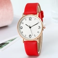 Detail of red leather strap and gold quartz watch case against a soft pink backdrop - Red