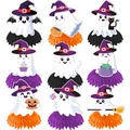 Set of 9 Halloween honeycomb centerpieces with ghost and witch motifs in vibrant colors - Halloween Honeycomb Ornament Style D