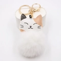 Close-up of calico cat plush keychain with golden ring on a white display stand - Gold Buckle Cat / White