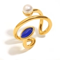 Anillo abierto vintage de acero inoxidable chapado en oro 18K con perla y piedra azul - Anillo Abierto Asimétrico De Perla De Imitación Y Piedra Natural (Dorado)
