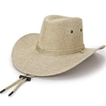 Close-up of linen cowboy hat with triple rope band and adjustable chin strap - Beige