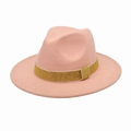 Detail of pink wool fedora hat featuring a wide gold glitter ribbon and classic pinched crown - Dusty Pink