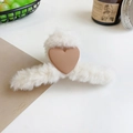 Plush cream faux fur hair claw clip with a brown heart accent for autumn style - White Heart Plush Hair Claw