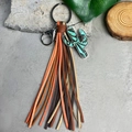 Southwest style cactus keychain with colorful leather tassels and turquoise charm on stone - Turquoise Cactus