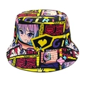 Detailansicht eines bunten Fischerhuts mit Anime-Druck und Tokyo-Grafikmotiven - Japanisches Anime Mädchen (1#)