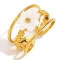 Bague ouverte élégante en acier inoxydable doré 18K à trois couches avec motif fleur blanche - Bague Ouverte Ajustable / Or (Fleur de Coquillage)