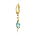 Golden dolphin charm earrings with blue faceted gemstone on a white background - Blue Dolphin Style (EH00269)