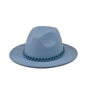 Detail of light blue fedora hat with matching matte plastic chain trim on white background - Adult Size / Sky Blue Hat Blue Chain