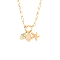 Gold paperclip chain necklace with Hamsa hand, white seashell, and starfish pendants - Starfish Hamsa Hand Shell Pendant