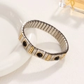 Elastic stainless steel bracelet featuring silver square links and black gemstones - Black Round Gemstone Style (05 Gold)