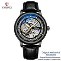 Men's skeleton mechanical watch with black leather strap and black openwork dial - Gun Black Case Black Dial Leather Strap