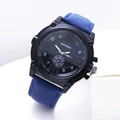 Detail of men's business watch with black textured dial and blue leather strap - Blue