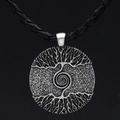 Pendentif Arbre de Vie Viking en argent avec design double face sur cordon noir - Style Lanière / Corde en Cuir Argent Antique