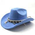 Detail of light blue suede cowboy hat with white fringe, shells and woven decorative band - M(56-58cm) / Sky Blue